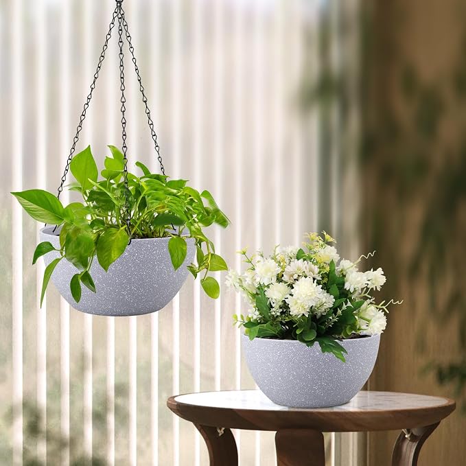Meowell 8 inch Small Hanging Planters for Indoor Outdoor Plants, 2 Pack Hanging Flower Pots with Drainage Holes and Chain for Garden Porch, Plastic Hanging Baskets for House Plants, Speckled Grey
