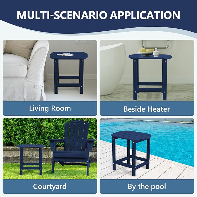 Plawdlik HDPE Outdoor Adirondack Side Table, Wooden Textured, Set for Patio, Garden, Porch, Pool Composite, Backyard, Bathroom and Indoor, Maintenance & Weather Resistant, Navy Blue