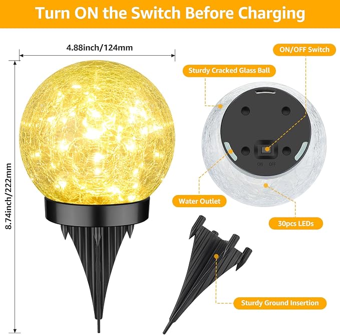 ASOMST 2-Pack Garden Solar Lights Outdoor, Cracked Glass Ball Light Waterproof, Decorative Solar Globe Lights Warm White for Yard Pathway Patio Lawn