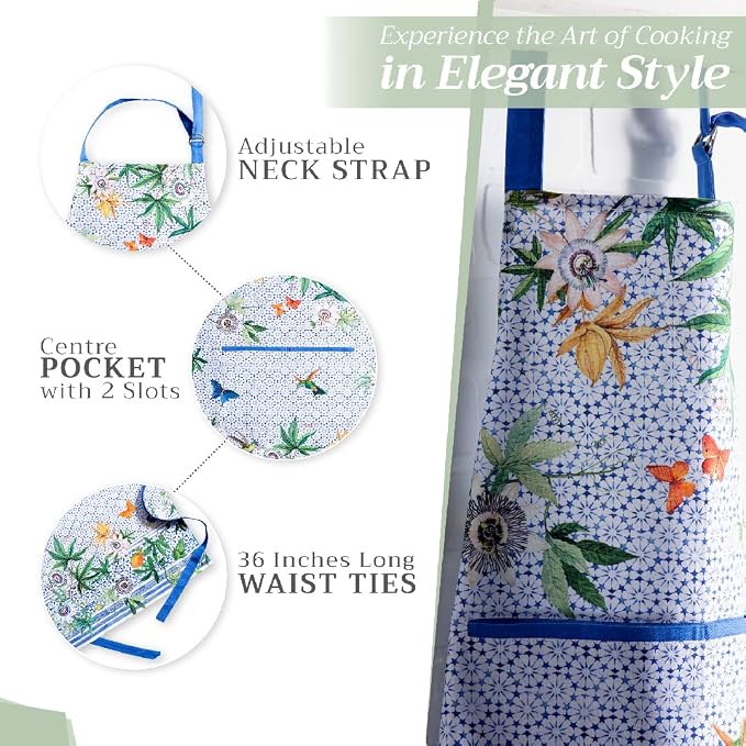 Maison d' Hermine Aprons for women with Pocket 100% Cotton (27.50"x31.50") | Adjustable Neck Strap & long ties Apron Men Chef Wedding Cooking Gardening Server Maid