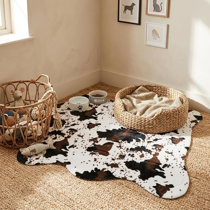 MustMat Faux Cow Print Rug, Modern Rustic Decor Rug 4'7" x 5'3" | Great for Living Room Corners & Fireplaces. Fits Western, Ranch Styles, Ideal for Christmas and Thanksgiving Decor