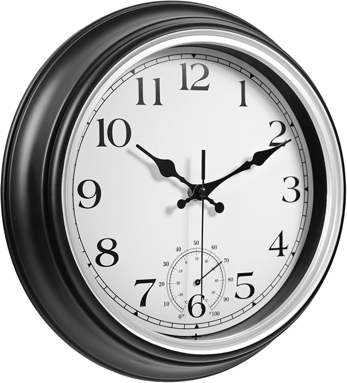JoFomp Large Waterproof Outdoor Clock with Thermometer Combo - 12 inch Silent Non Ticking Quartz Battery Operated Wall Clock for Patio, Home, Pool, Garden, Porch, Deck (Silver, 12 Inch)