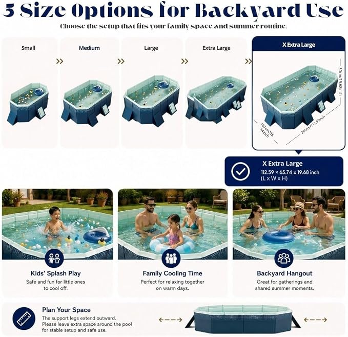 112.59-Inch Foldable Swimming Pool, Blue Non-Inflatable Rectangular Pool for 6-8 People, 4-Layer Composite PVC, Aluminum Alloy Frame, Dual Drains for Backyard Fun