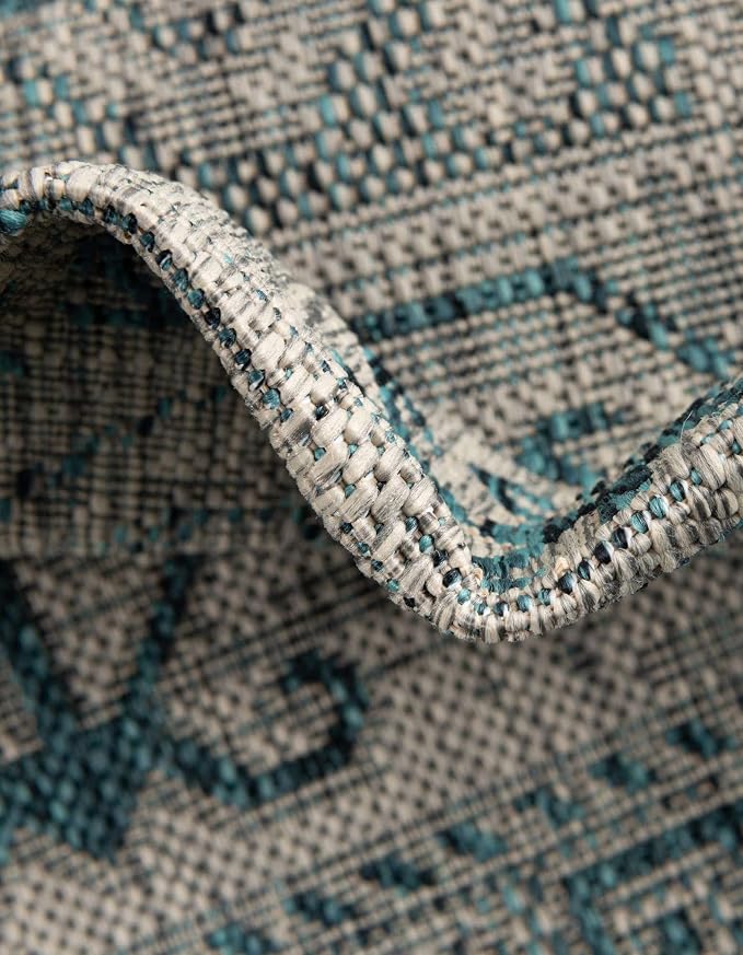 Unique Loom Outdoor Aztec Collection Area Rug - Coba (3' 3" Round, Teal/ Ivory)