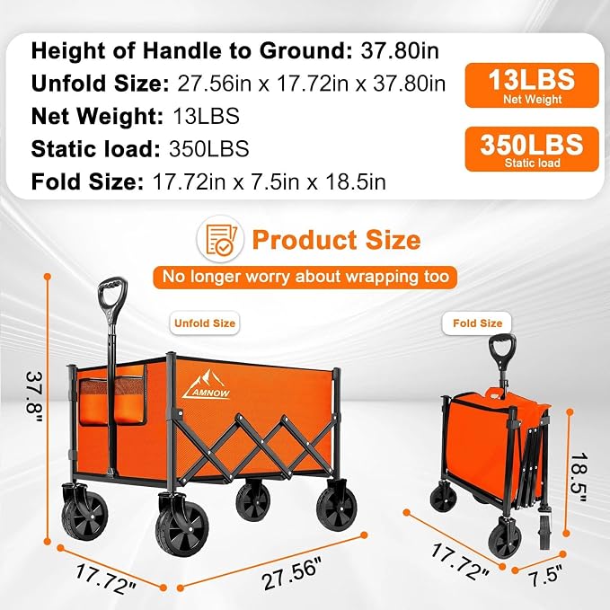 Collapsible Folding Wagon Cart, 350LBS Utility Large Capacity Cart Foldable Wagon with All Terrain Wheels, Grocery Wagons Carts for Garden Shopping Sports Camping, Bright Orange