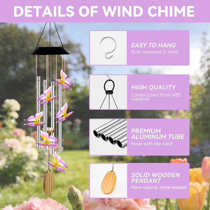 Wind Chimes for Outside, Solar Lights Outdoor Waterproof, Color Changing Butterfly Light for Yard, Outdoor, Patio, Garden Decor, Wind Mobiles Gardening Gifts for Women, Mom, Wife, Purple Butterfly