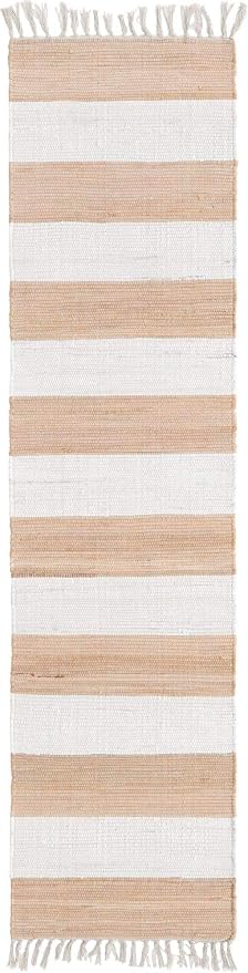 Unique Loom Chindi Rag Collection Area Rug - Striped (2' 2" x 8' Runner, Beige/ Ivory)