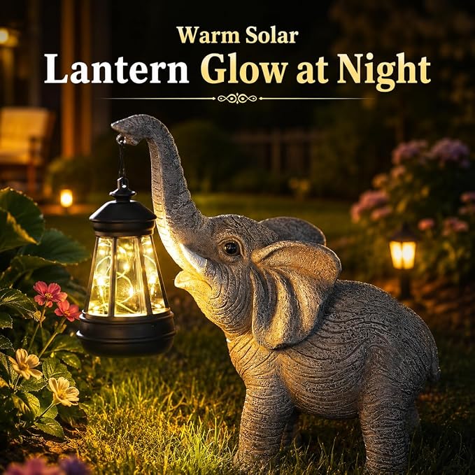 Candieslife Solar Garden Statue Lights Elephants Figurine with Solar Lantern, IP65 Waterproof Outdoor Yard Decorations for Patio Porch Yard Lawn,Home,Garden Gifts for Mom Grandma Women