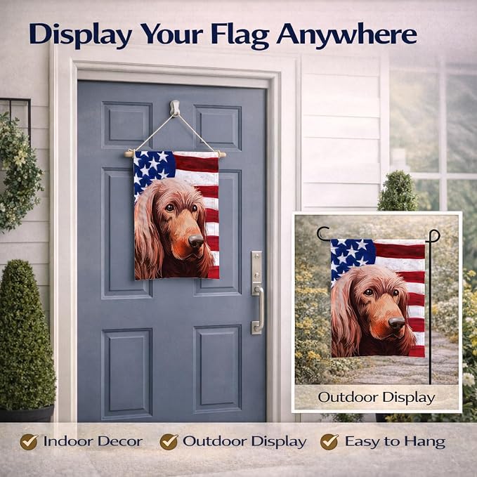 Caroline's Treasures CK6570GF Irish Setter Dog American Flag Garden Flag Mailbox Flag Decorative Yard Flag Banner Outside Patio Artwork Yard Flower Beds, Garden Size, Multicolor