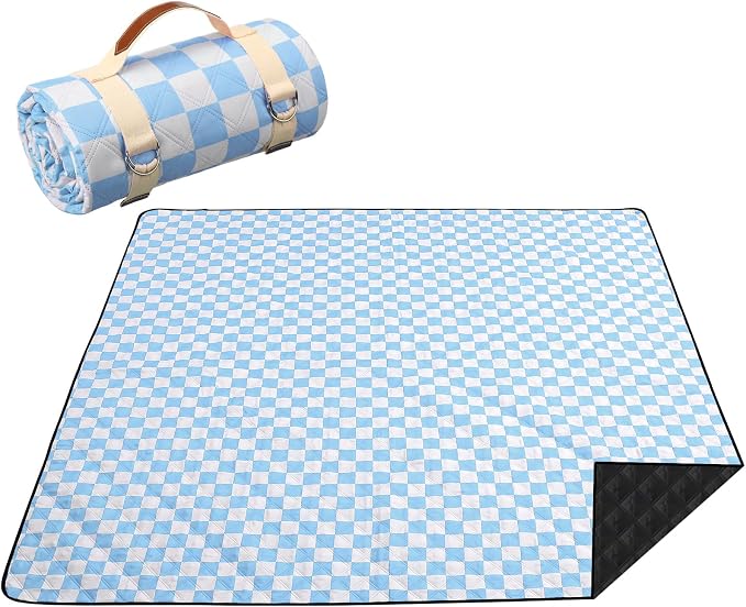 Nuanchu Checkered Picnic Blanket Extra Large Outdoor Blanket Sandproof 80"x80" Waterproof Portable Machine Washable 3 Layer Thick Gingham Picnic Mat for Beach Camping Park Grass Travel(Light Blue)