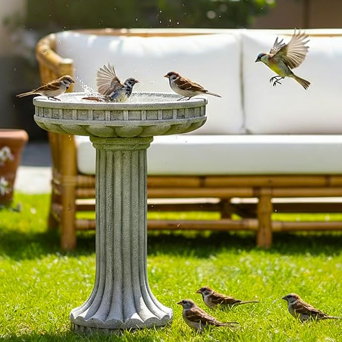 SKYFIRE 24" H Outdoor Bird Bath for Garden- Fibre Reinforced Concrete Large Bird Bath Outdoor Decor with Modern Pedestal for Garden, Patio, Yard, Lawn - 16”Dia. X 24”H Contemporary Birdbaths&Supports
