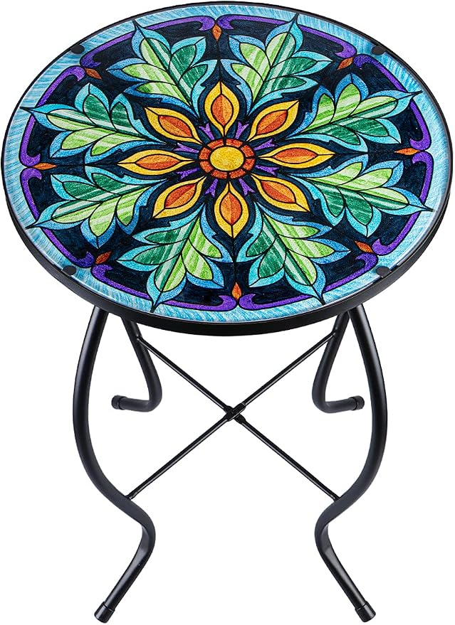 VCUTEKA Outdoor Side Table Mosaic End Table Patio Side Table Small End Table Glass Top Round Balcony Coffee Table Porch Indoor Glass Top