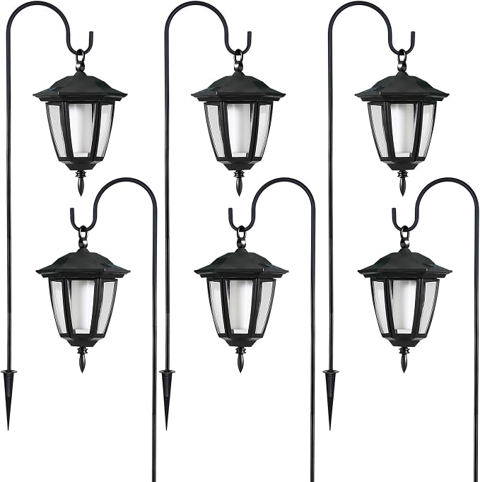 Dynaming 6 Pack Solar Flame Hanging Lights Outdoor, Halloween Solar Flickering Flame LED Garden Lanterns with 6 x 38 Inch Shepherd Hooks, Christmas Lighting for Lawn Patio Yard Pathway Driveway