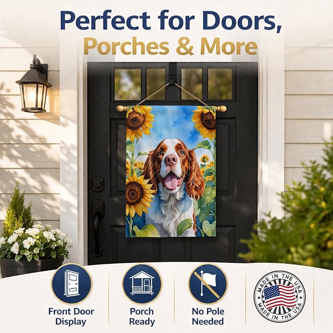 Caroline's Treasures DAC6171CHF Welsh Springer Spaniel in Sunflowers House Flag Large Porch Sleeve Pole Decorative Outside Yard Banner Artwork Wall Hanging, Polyester, House Size, Multicolor