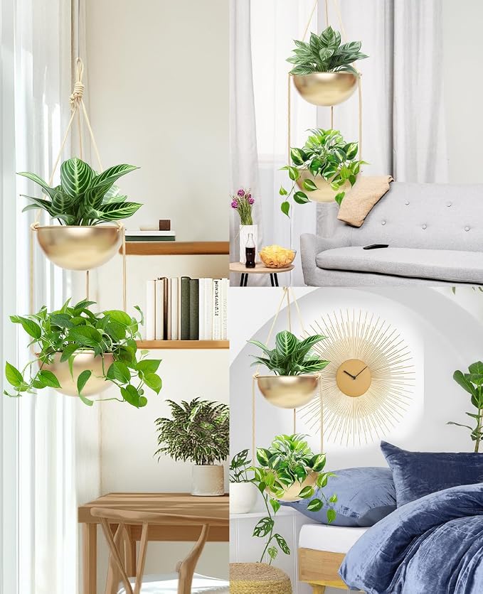 AceList 2 Pack Gold Hanging Planter for Indoor Plants - 9.8 Inch Boho Metal Plant Hanger Indoor with Hooks, Window Hanging Planters for Balcony and Ceiling
