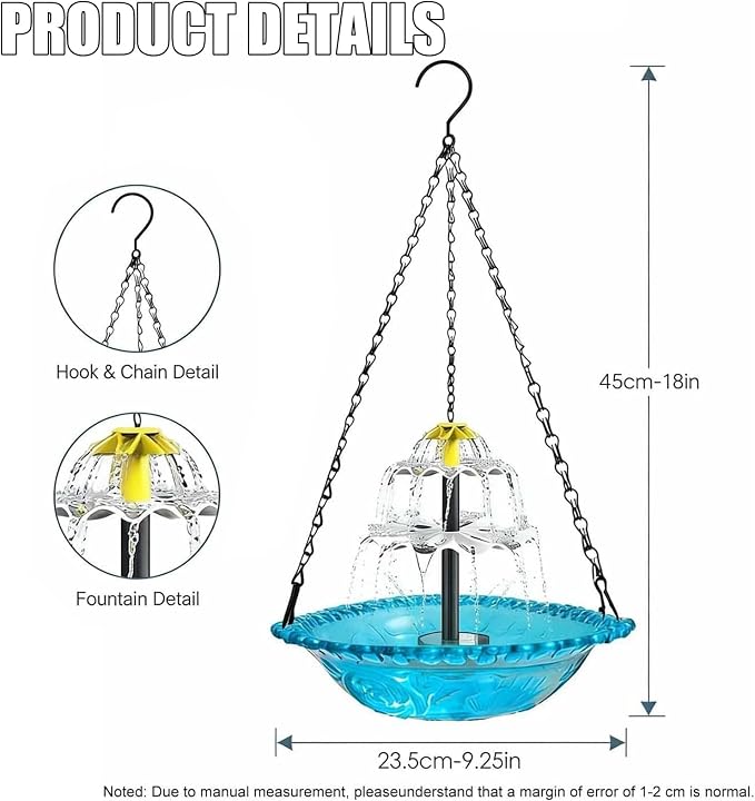 Hanging Solar Bird Bath Fountain,2026 New Solar Cascade Hanging Bird Bath Fountain,Hanging Bird Bath with Water for Outdoors Garden Patio Backyard Lawn Decor(Blue) 111