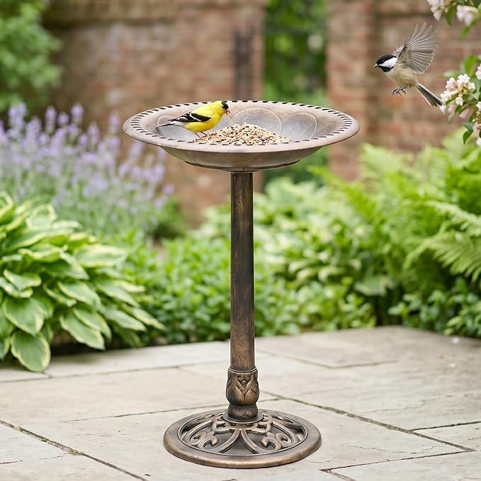 VINGLI Pedestal Bird Bath with Solar Fountain, Solar Pump Resin Birdbaths, Weather Resistant Bird Baths with Ground Stakes, Vintage Finish Garden Decor for Outdoor, Patio, Yard, Lawn (Copper-2.5W)