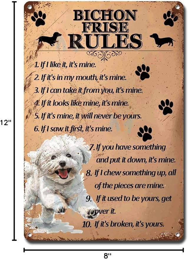 Metal Sign Tin Sign Vintage Wall Art Bichon Frise Rules Bathroom Decor for Restaurant 8×12 Inches