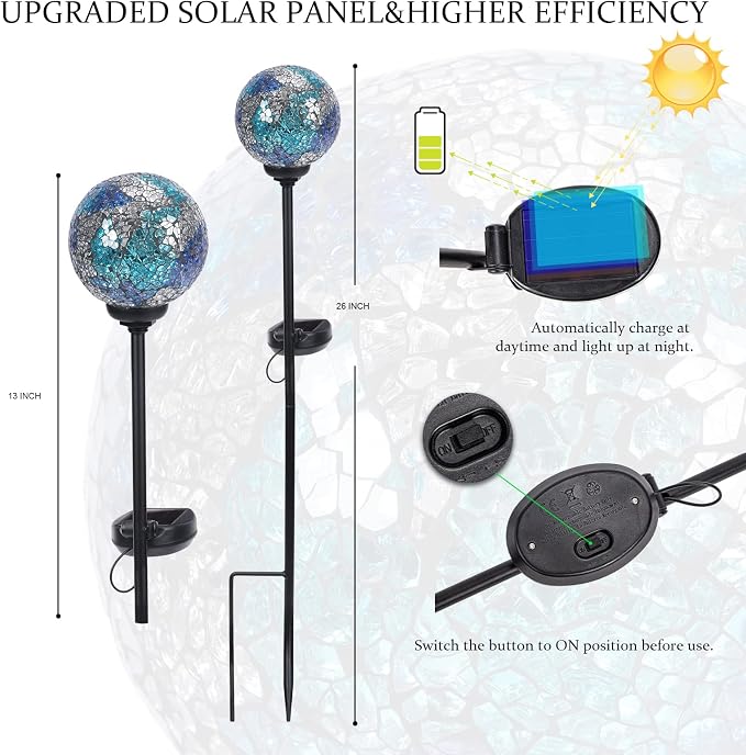 VCUTEKA Decorative Solar Garden Lights, 3.5" Mosaic Globe Stake 2 Pack | Mosaic Glass Design, Solar LED Light, Weather Resistant, Auto On/Off and Metal Stake Design for Lawn and Patio
