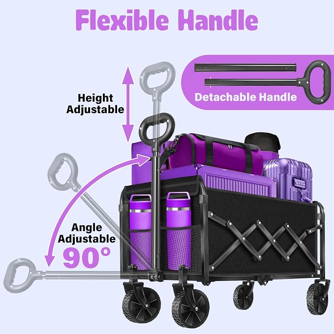 Wagon Cart Foldable,360Lbs Collapsible Wagon Cart with Wheels Portable, All Terrain Outdoor Utility Carts for Groceries, Camping, Sports, Garden, Shopping, Black