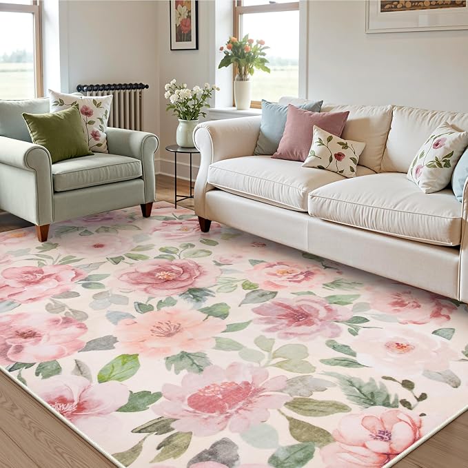 Lahome Floral Nursery Rug 5x7, Soft Boho Pink Rugs for Girls Bedroom | Low Pile Large Living Room Rug, Home Decor Carpet for Dining Room Kids Playroom Farmhouse, Beige/Multi