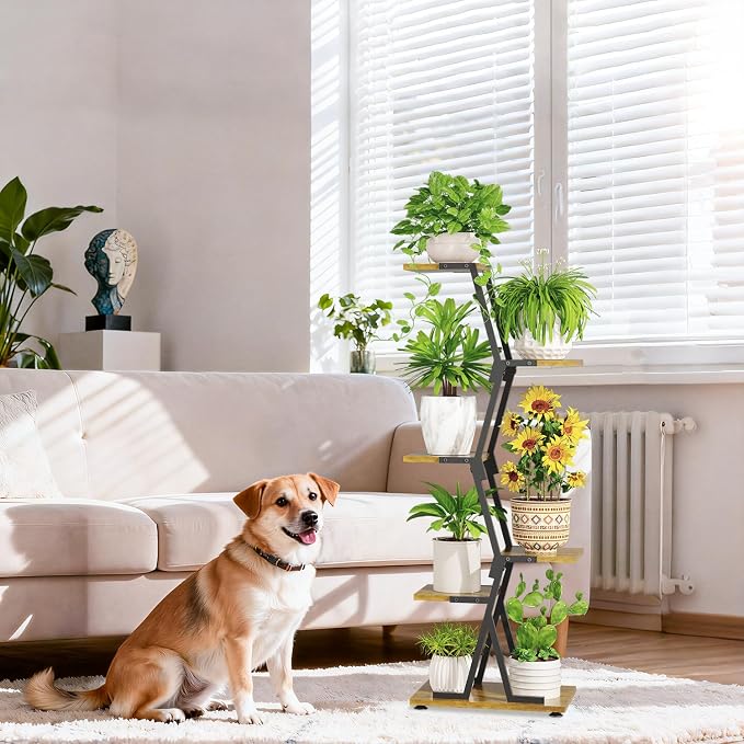 iDavosic.ly 5 Tier Indoor Plant Stand, Corner Tall Metal & Wood Flower Shelf, Orchid Display Rack for Living Room Balcony Patio Porch, Space Saving & Multifunctional Display, Black & Brown