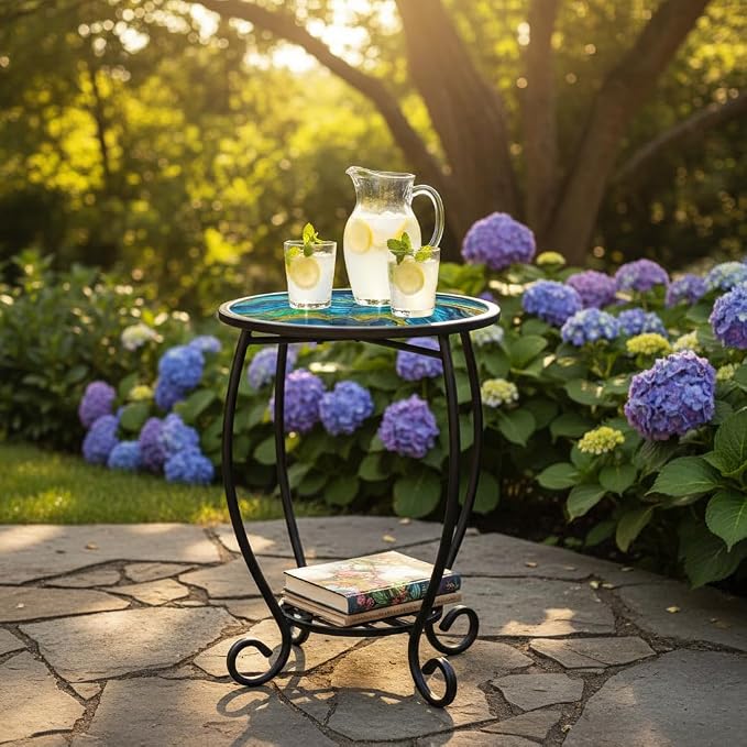LIFFY Patio Side Tables,14" Indoor Outdoor Metal Side Table with Glass Tabletop,Round Decorative Plant Stand & Accent Table for Garden, Yard, Balcony, Backyard, Porch