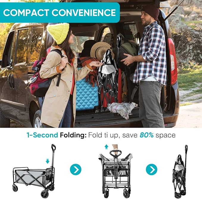 Collapsible Wagon with Quiet Wheels - Silent Grocery Shopping Cart for Seniors, Foldable Utility Cart for Laundry & Apartment, Washable Heavy Duty Rolling Wagon with Two Mesh Pockets, Gray