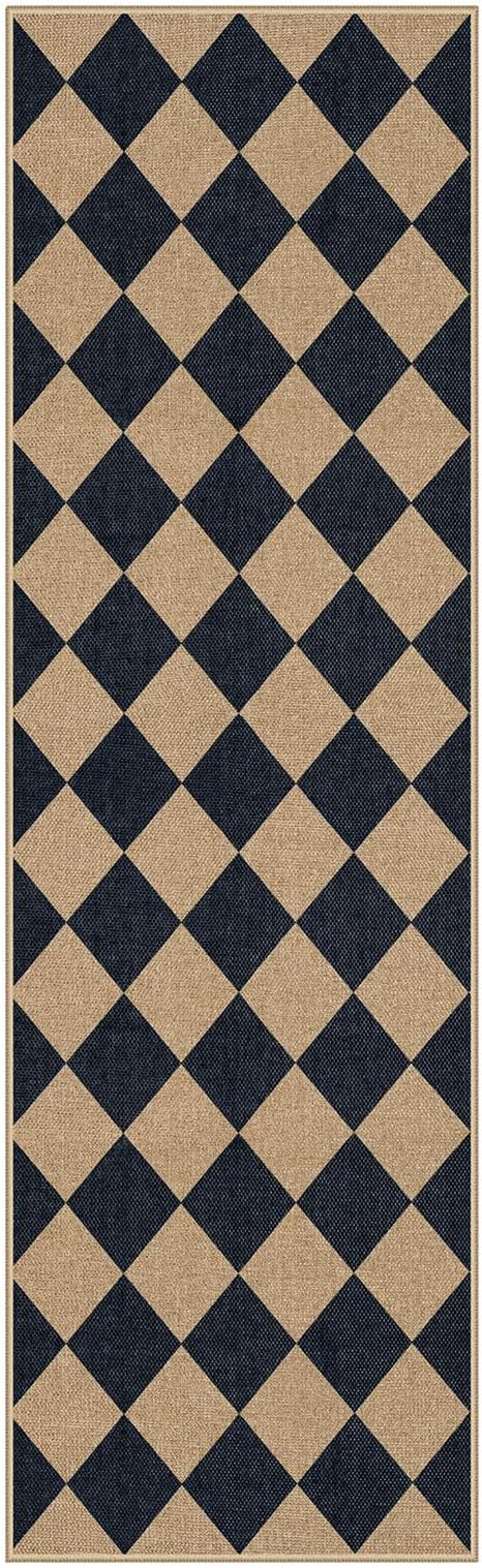 Lahome Checkered Easy Jute Non Slip Kitchen Runner, 2'6"x8' Washable Hallway Runner Rug Outdoor Black Carpet for Entryway Indoor, Checkerboard Indoor Outdoor Carpet for Hallway 8ft Entry