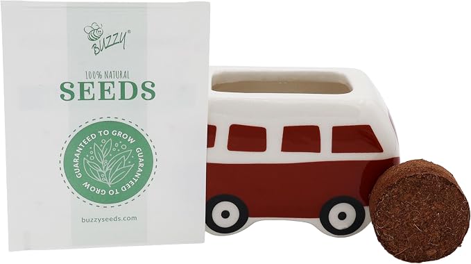 BUZZY Seeds Mini Ceramic Flower Bus Grow Kit 4-Pack - Bus Ceramic Planter - Complete Indoor/Outdoor Gardening Kit with Seeds, Coconut Husk Growing Medium & Genuine Pots - 100% Grow Guarantee