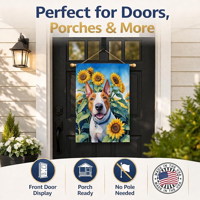 Caroline's Treasures DAC6070CHF English Bull Terrier in Sunflowers House Flag Large Porch Sleeve Pole Decorative Outside Yard Banner Artwork Wall Hanging, Polyester, House Size, Multicolor