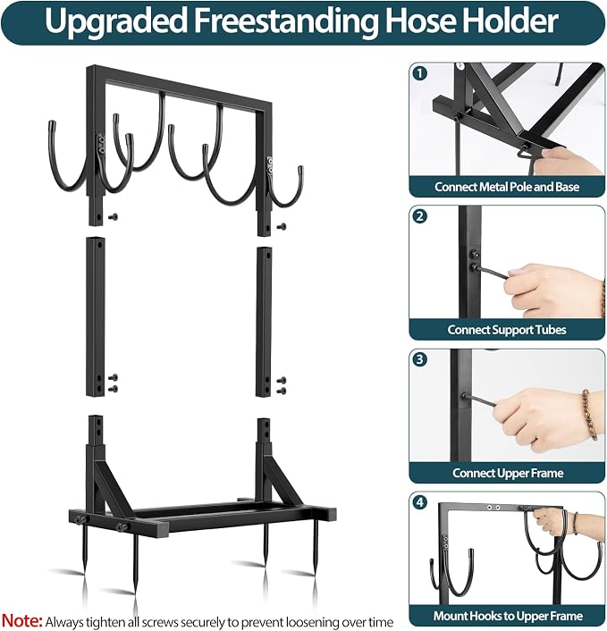 Garden Hose Holder Stand, BOLITE Heavy Duty Metal Hose Hanger, Holds 150ft | Freestanding & Detachable Water Hose Holder for Outside, 4 Spikes & 2 Tool Hooks, Storage Rack for Outside Yard Lawn Farm