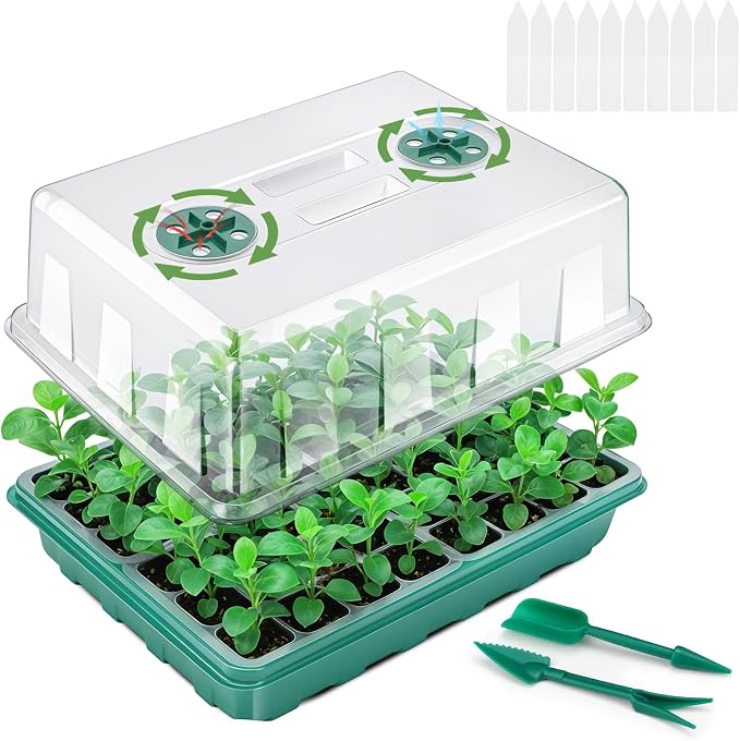 Seed Starter Tray, Seed Starter Kit with Adjustable Humidity Dome, Seed Starting Trays Plant Starter Kit for Seeds Growing Starting, Indoor Gardening, Greenhouse (1, No Grow Light)