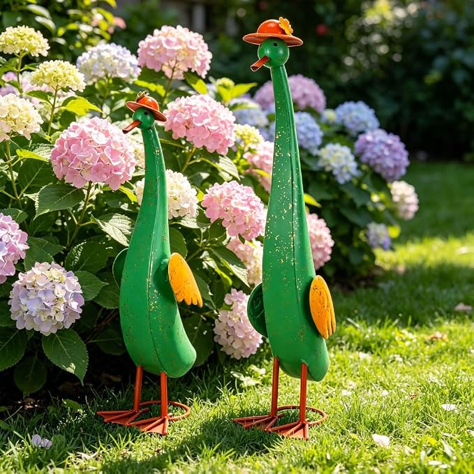 22" Duck Garden Statue Set of 2 Metal Ducks | Outdoor Yard Art Porch Animal Figurine Lawn Ornament Rustproof Yard Sculptures for Outside Patio Backyard Decorations