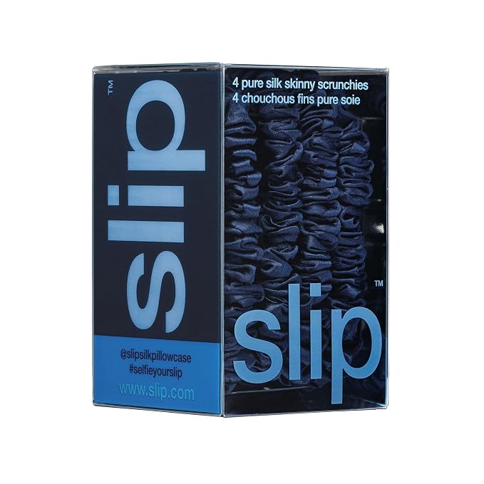 Slip Silk Hair Ties — Skinny Silk Navy Scrunchies, No Damage, No Crease, Anti-Breakage |100% Mulberry Silk | All Hair Types | Made with Proprietary Slipsilk™ | Set of 4
