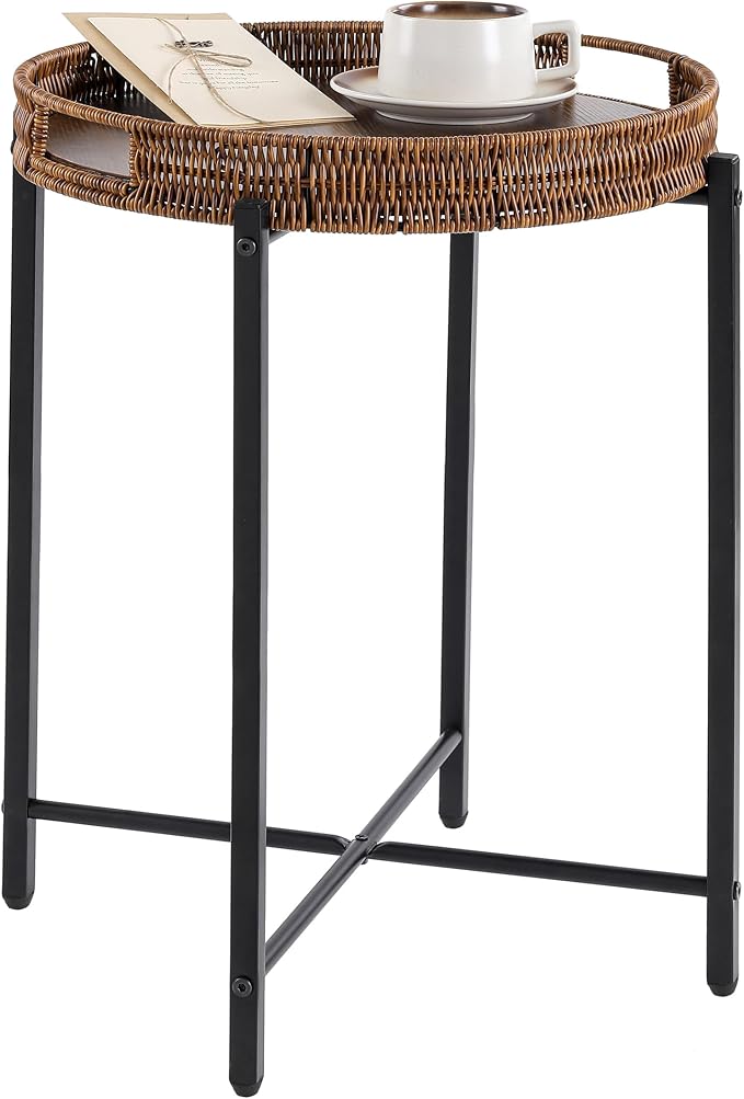 16.5in Round Rattan Side Table with Wooden Top, Small Wicker End Table, Indoor/Outdoor Use