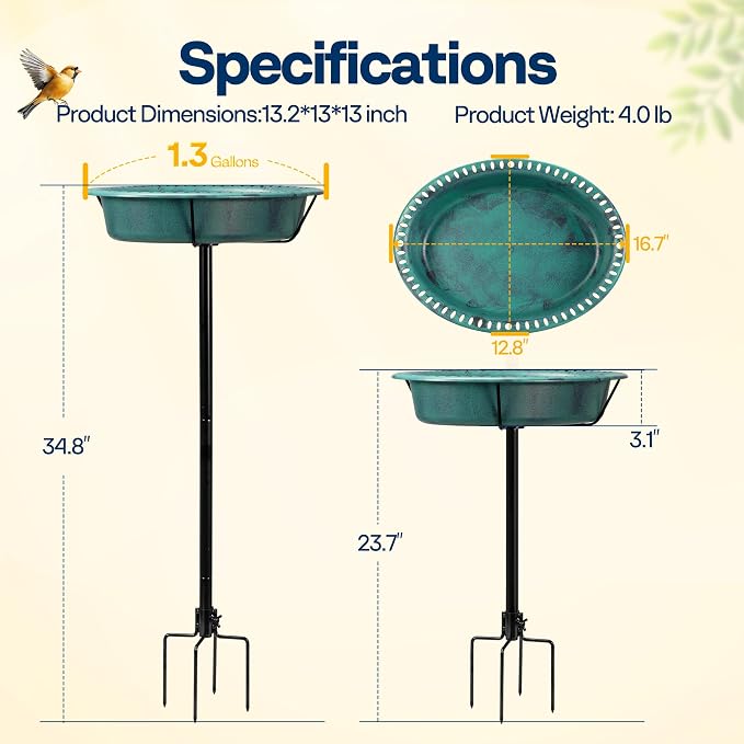 VIVOHOME Oval Bird Bath for Outside, Outdoor Birdbath Bowl with Metal Ground Stake, Weather-Resistant ABS Bird Bath and Feeder for Garden, 1.3 Gallons, Green