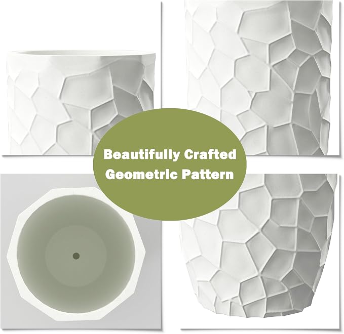 LuxenHome 22" H Concrete Tall Planter, Large Outdoor Indoor Plant Pots with Drainage Hole and Rubber Plug, Modern White Flower Pot for Plants, Geometric Pattern Planter Pots for Home Garden Patio