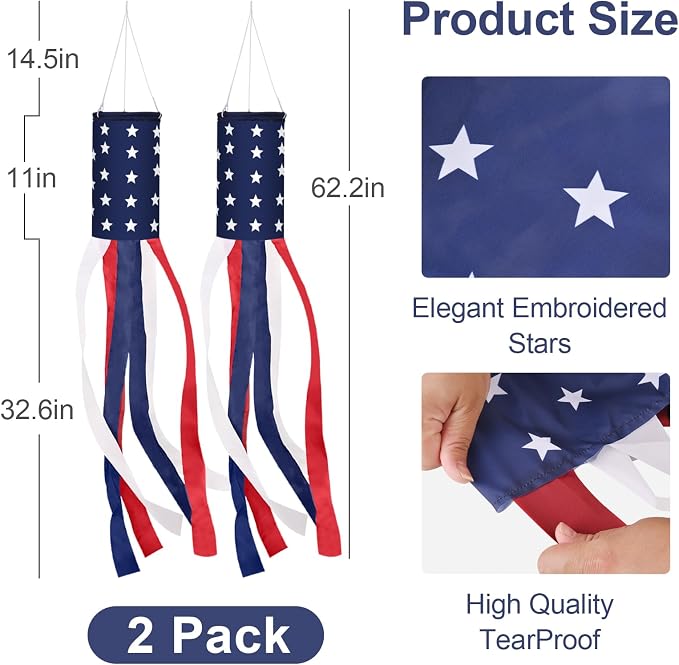 62 Inch Windsock Flag,4th of July Decorations Patriotic Windsock for Patriotic Events Memorial Day Flag Independence Veterans Labor Armed Forces Decor Hanging Decor for Yard Indoor Outdoor