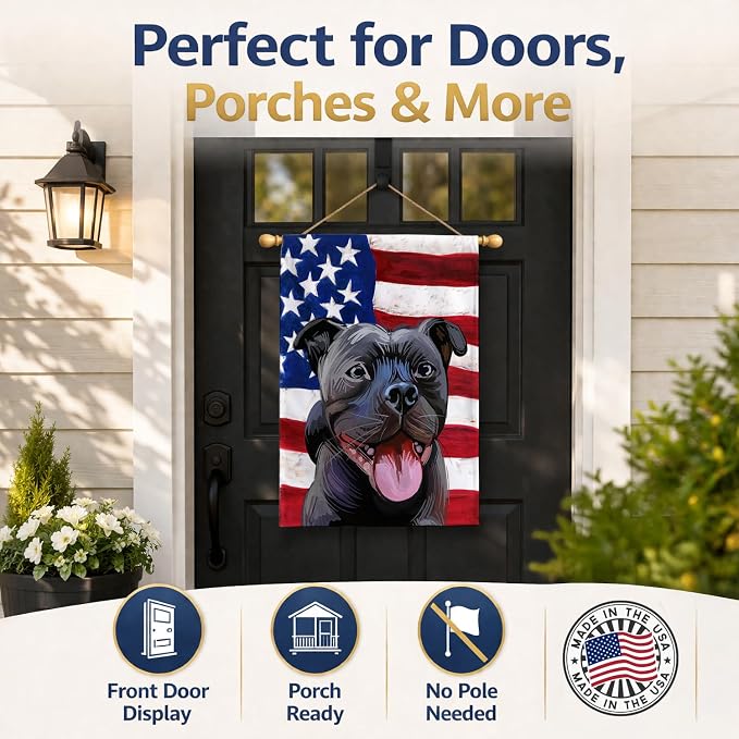 Caroline's Treasures CK6724CHF Staffordshire Bull Terrier American Flag House Flag Large Porch Sleeve Pole Decorative Outside Yard Banner Artwork Wall Hanging, Polyester, House Size, Multicolor