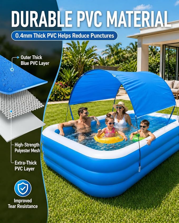Inflatable Pool with Canopy,116" X 67" X 22" Large Inflatable Pool for Kids,Adults Thickened Family Swimming Pool for Toddlers, Outdoor, Garden, Backyard, Summer Water Party (XL)