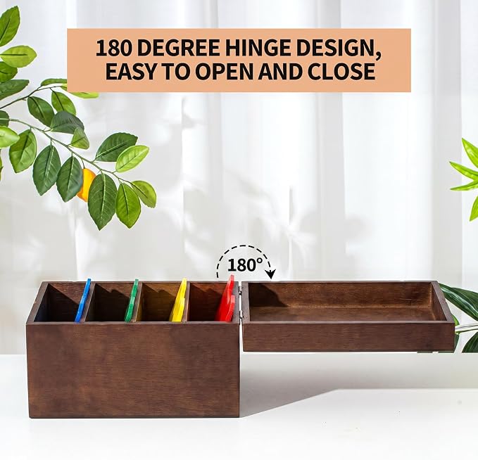 Henoyso 5 x 8 Inch Index Card Holder Set, Bamboo Index Cards Organizer, 50 Pcs Dividers 2 Sheets Alphabet Number Stickers File Note Holders for Office Business Classroom, Brown