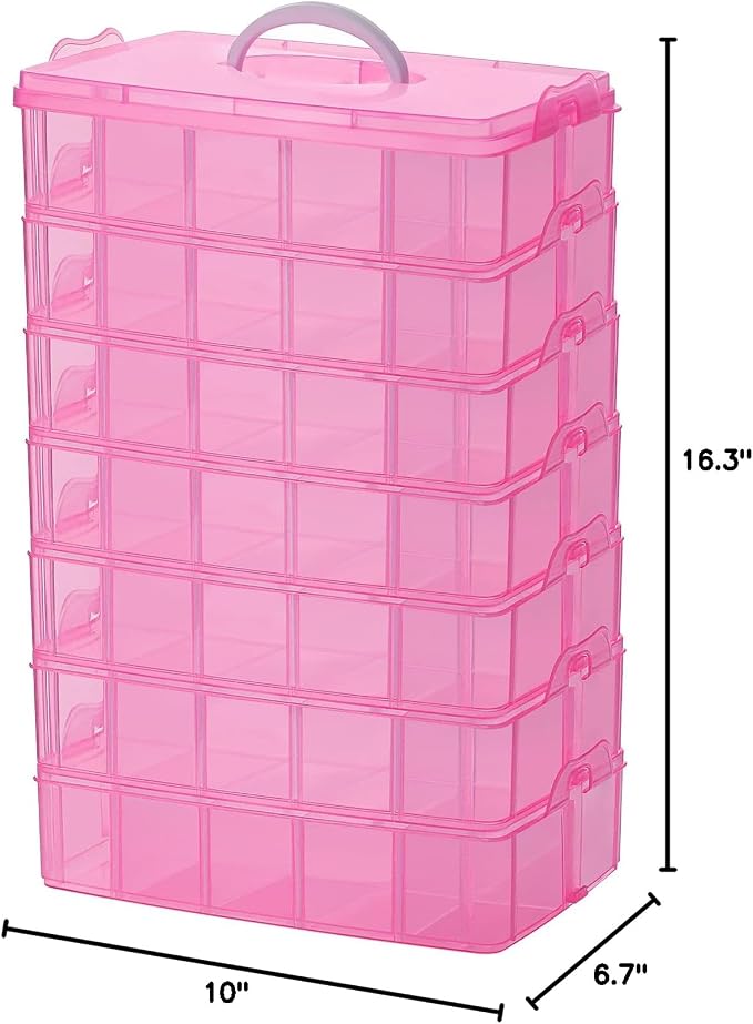 Sooyee 7 Layers Stackable Storage Container, 70 Adjustable Compartments Stackable Storage Container for Kids Toys, Art Crafts, Jewelry, Supplies, Mini Case & Letter Sticker Included,Pink