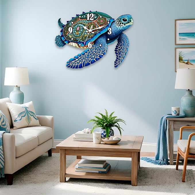 Sea Turtle Outdoor Clock – Silent Vibrant Color Waterproof PVC, Nautical Coastal Decor Wall Clock for Patio, Pool, Garden, Bathroom & Indoor, 11.3"x15.2"
