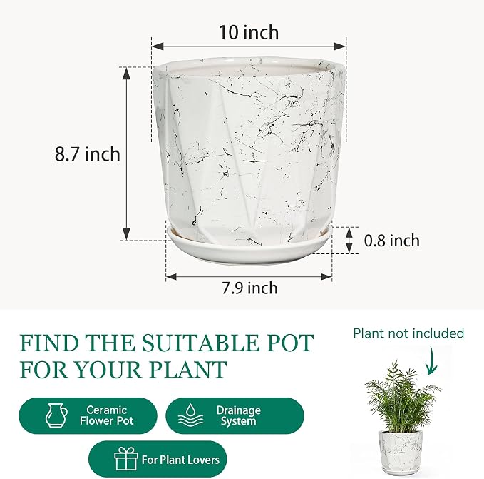 10 Inch Ceramic Plant Pot with Drainage Hole Mesh Net, Large Flower Pots for Indoor Plants with Saucer, Gardening Pots Outdoor (White Silk)