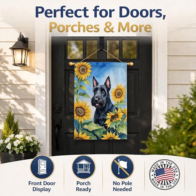 Caroline's Treasures DAC6158CHF Scottish Terrier in Sunflowers House Flag Large Porch Sleeve Pole Decorative Outside Yard Banner Artwork Wall Hanging, Polyester, House Size, Multicolor