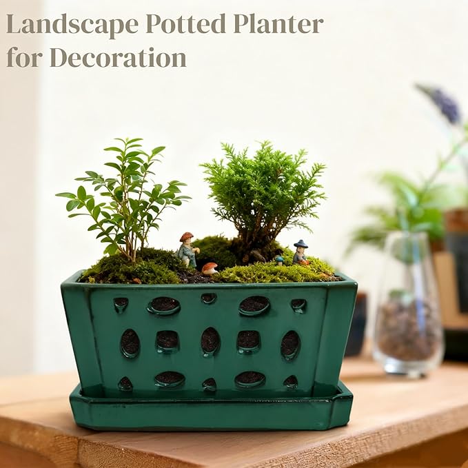 Pumtus Ceramic Orchid Pot with Saucer & Holes, Large Rectangle Repotting Plant Pot with Gloves & 3 PCS Shovels, Thickened Glazed Decorative Planter, Slotted Flower Container for Good Air Circulation