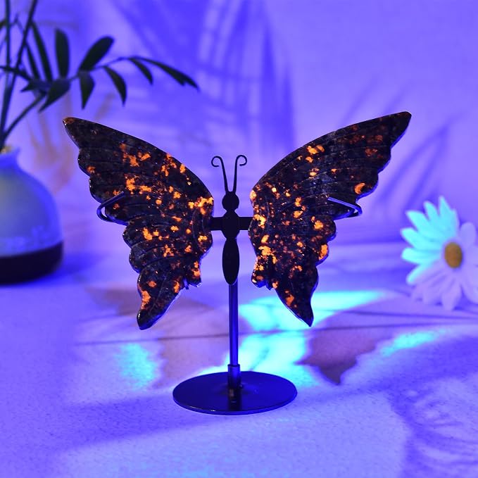 JIC Gem Natural Flame Yooperlite Stone Crystal Butterfly Art Decorative Healing Crystal Slices Carved Angel Wings with Silver Stand Office Home Decor Reiki Gifts (1pair, 10cm)