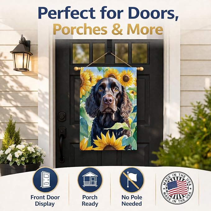 Caroline's Treasures DAC6011CHF American Water Spaniel in Sunflowers House Flag Large Porch Sleeve Pole Decorative Outside Yard Banner Artwork Wall Hanging, Polyester, House Size, Multicolor