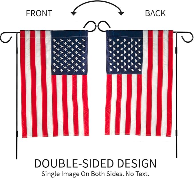 Evergreen 2 pcs American Flags with 2 Flag Stands | Set of 4 | Garden Flags 12x18 Double Sided | Patriotic House Flags For Outside | Small American Flag Garden Size | Embroidered Stars and Stripes | USA Residential or Commercial